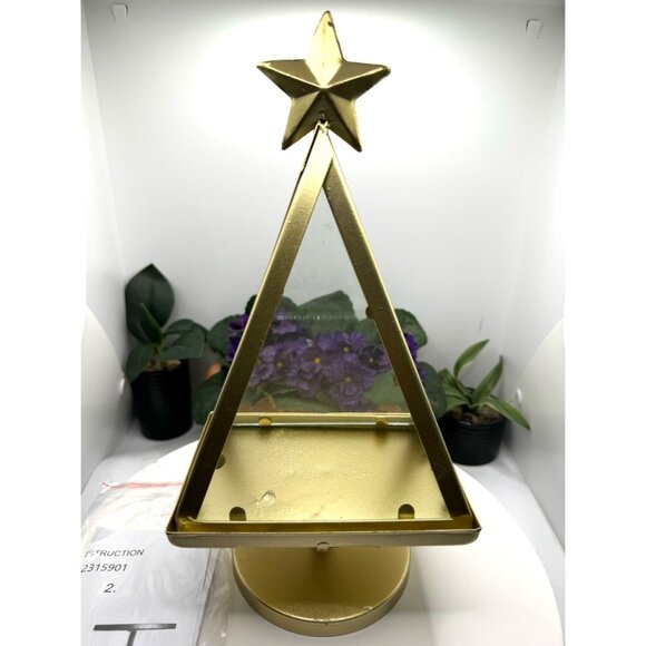 Gold Metal Christmas Tree Display Stand/Candle Holder With Star & Glass Panels - Picture 3 of 7